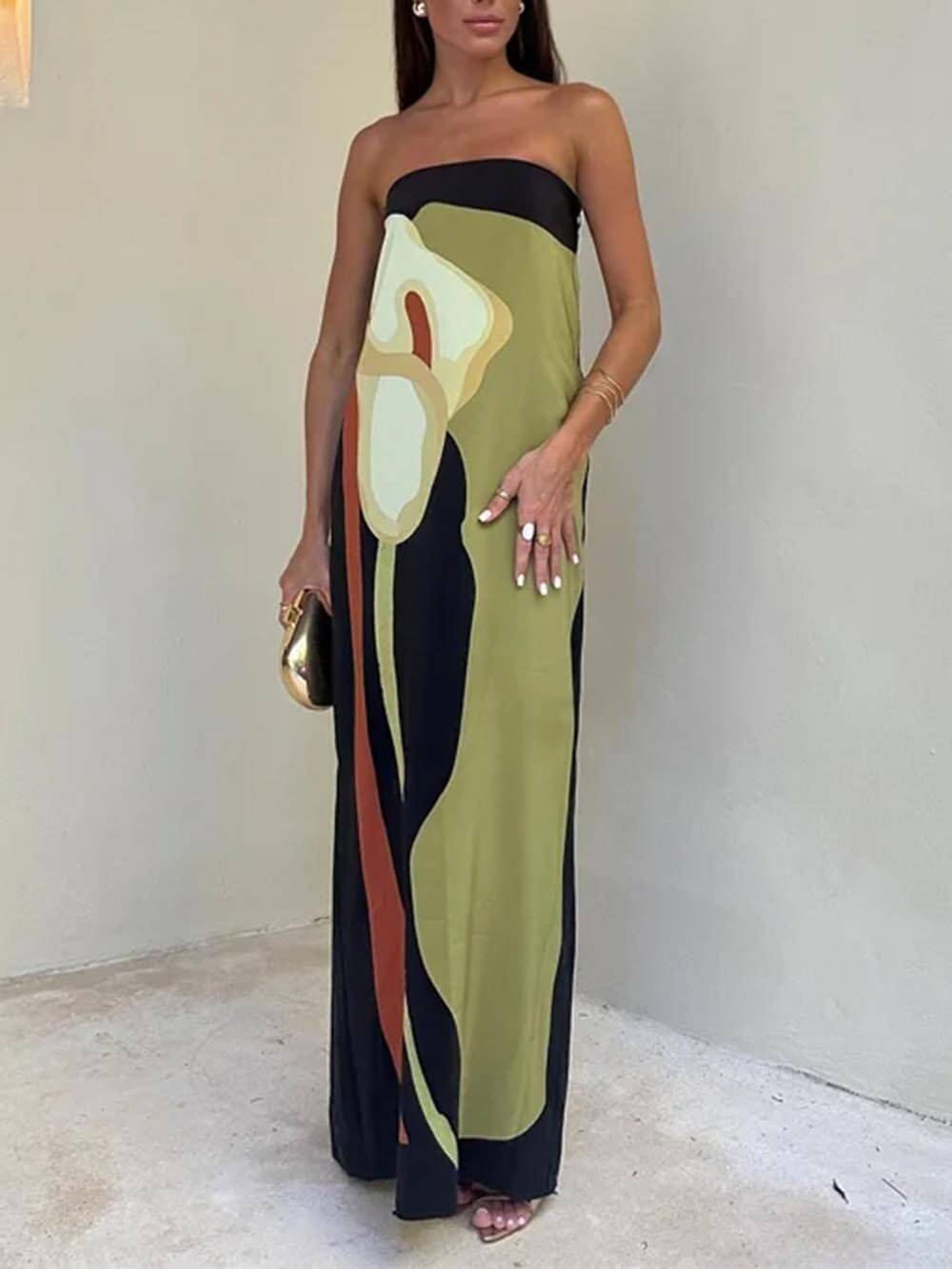 Fashion Contrast Sleeveless Off Shoulder Printed Maxi Dress