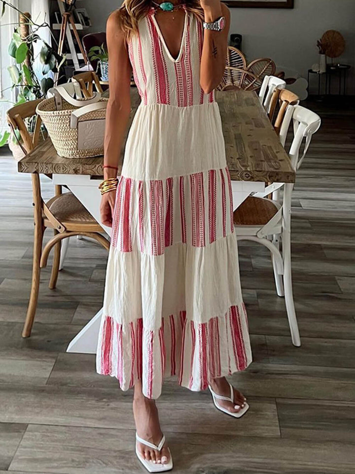 Stylish Striped Printed V-Neck Sleeveless Midi Dress