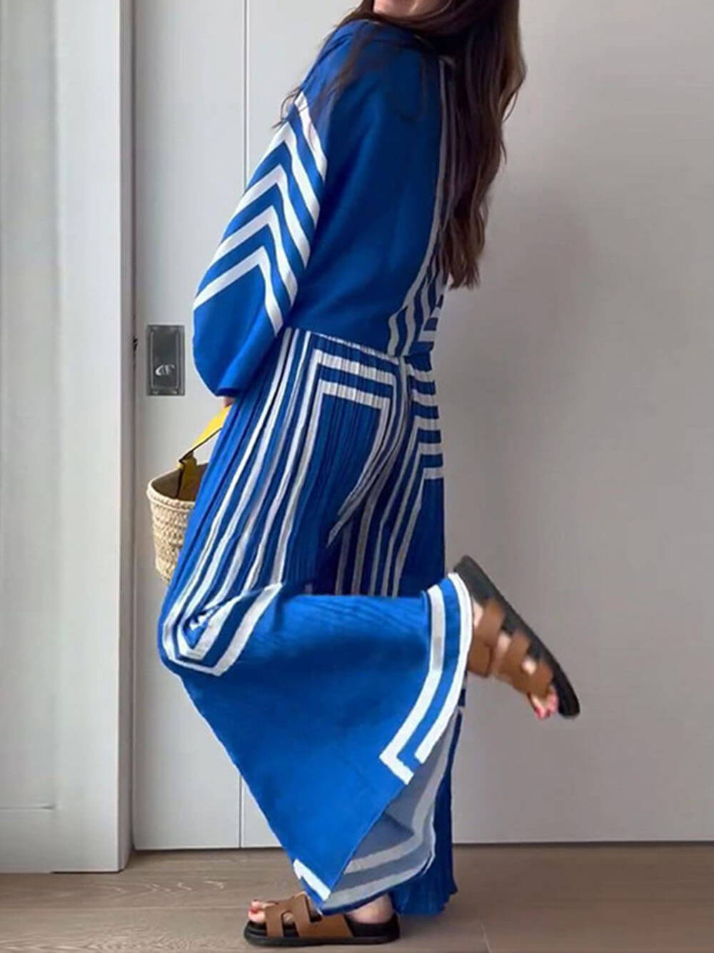 Printed Striped Shirt Pleated Straight Wide-Leg Pants Suit