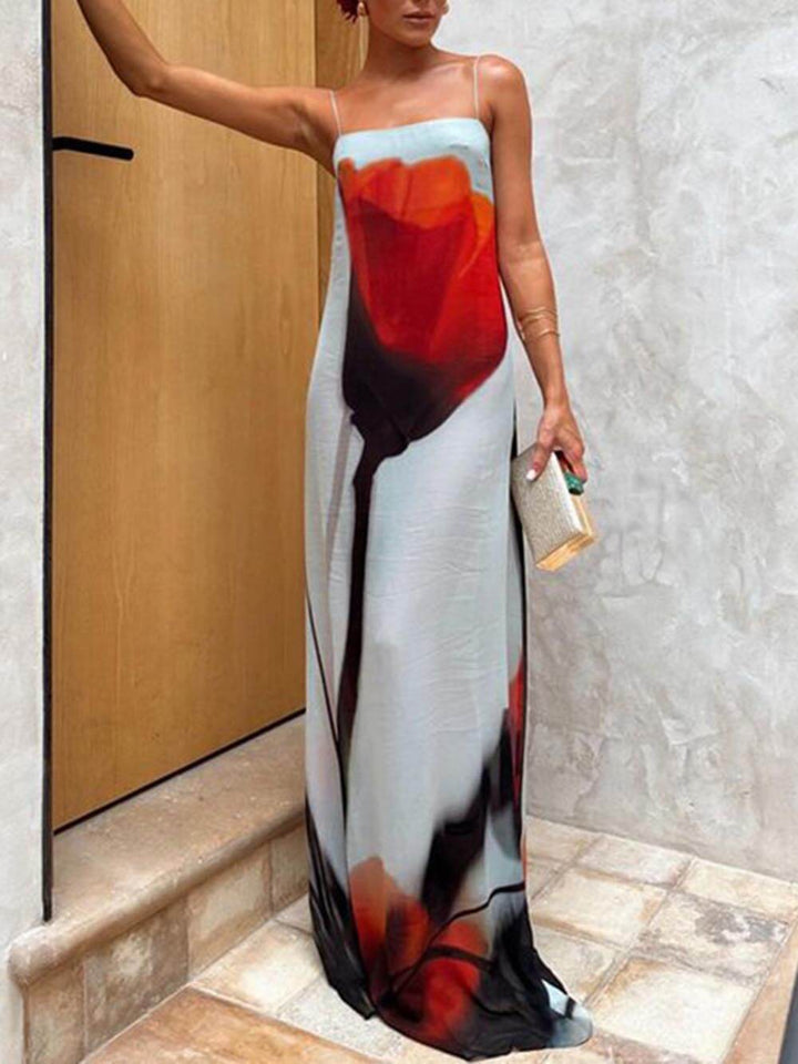 Vacation Abstract Tulip Print Slip H-Line Maxi Dress