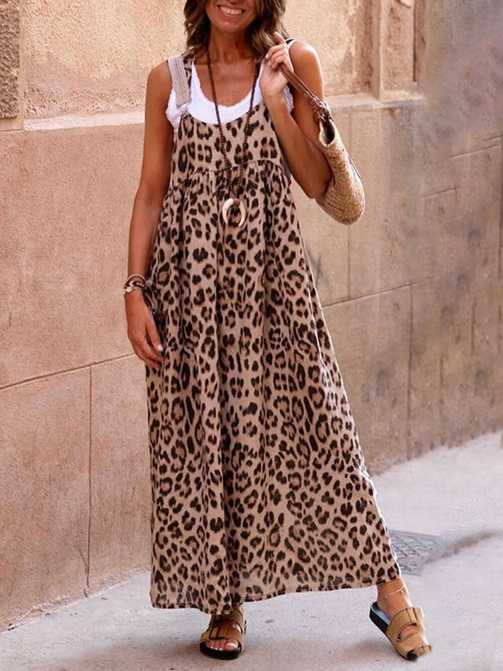 Leopard Print Patchwork Suspender Maxi Dress