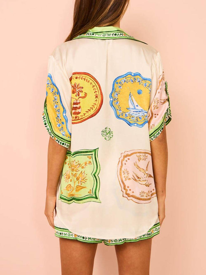 Cream Unique Ethnic Print Shirt Shorts Set