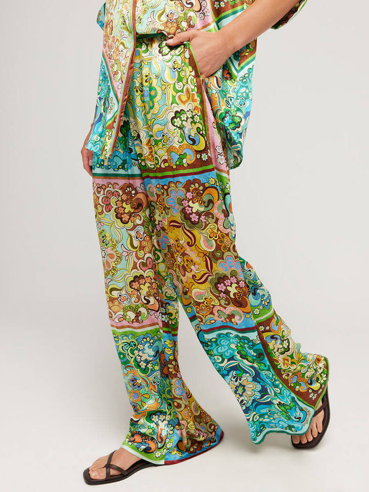 Special Satin Print Button Wide Leg Trousers