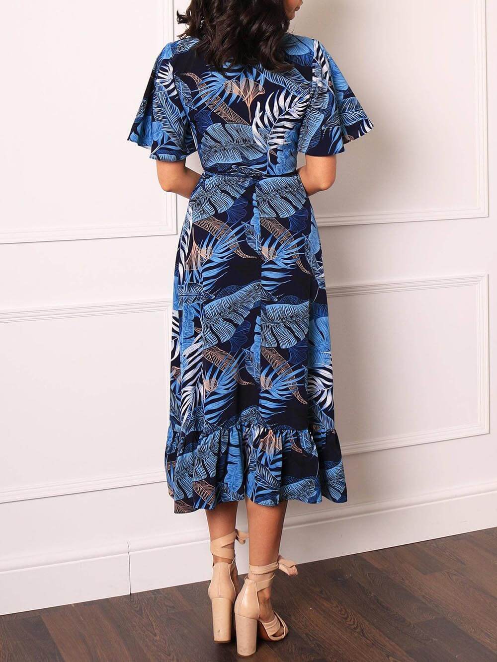 Palm Leaf Print Wrap Over Midi Dress