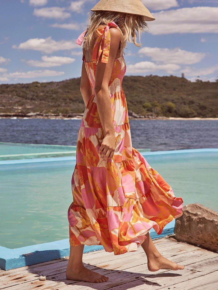 Sea Charm Sleeveless Pleated Stretch Chest Print Cami Dress
