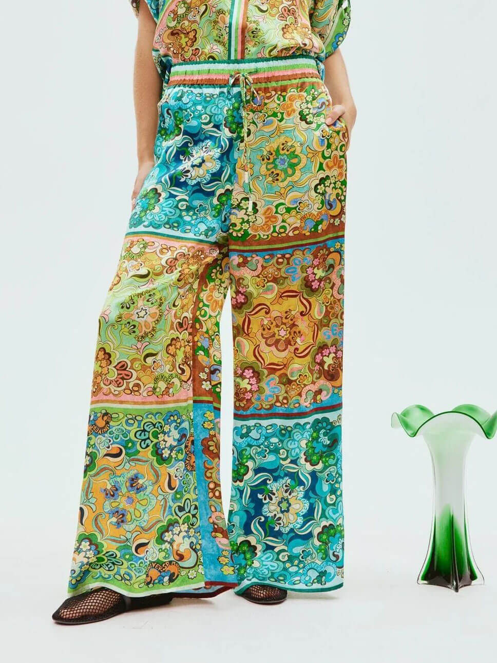 Special Satin Print Button Wide Leg Trousers