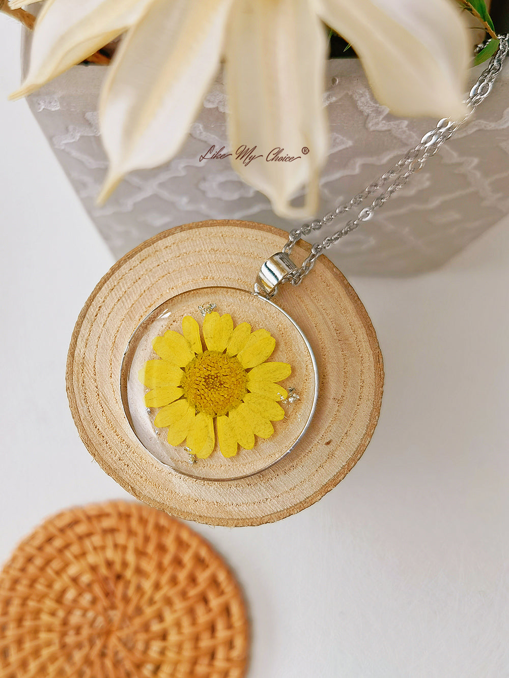 Resin Plant Necklace: Yellow Chrysanthemum Pendant