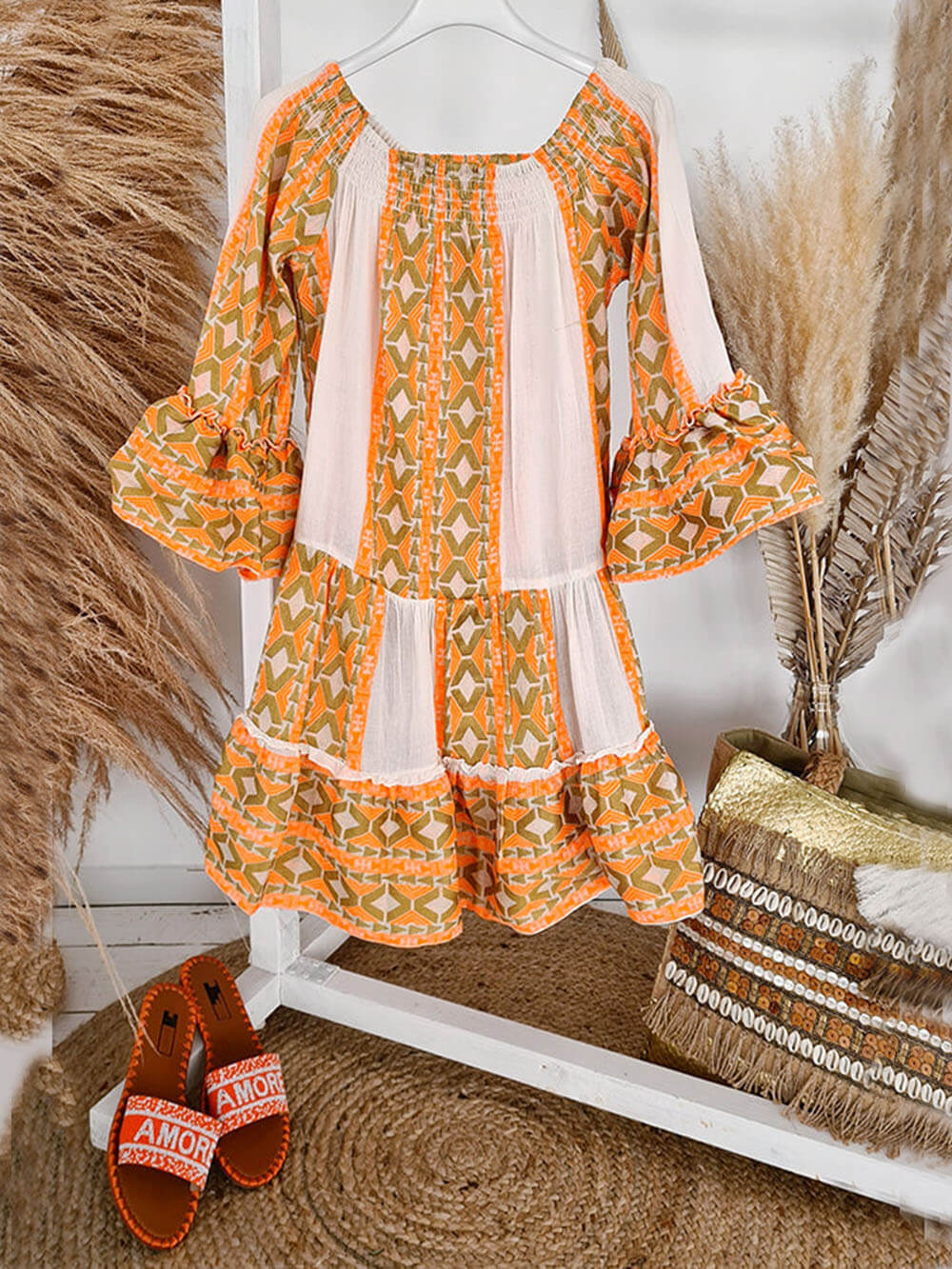Linen Blend Ethnic Print Off Shoulder Loose Mini Dress