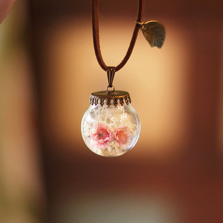 Preserved Flower Necklace Glass Cover Pink Gypsophila Pendant