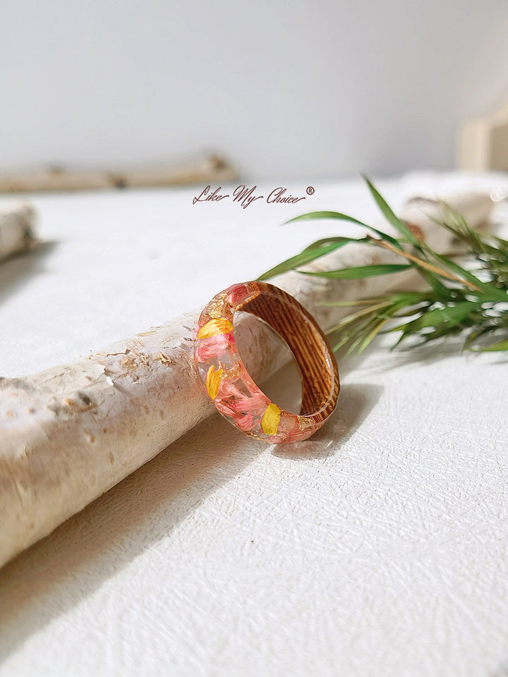 Handmade Dried Flower Inlaid Resin Ring-Gold foil red