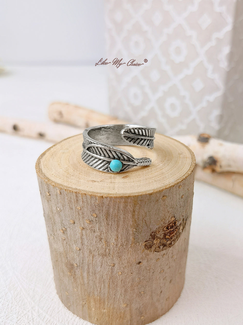 Turquoise Band Feather Boho Silver Ring