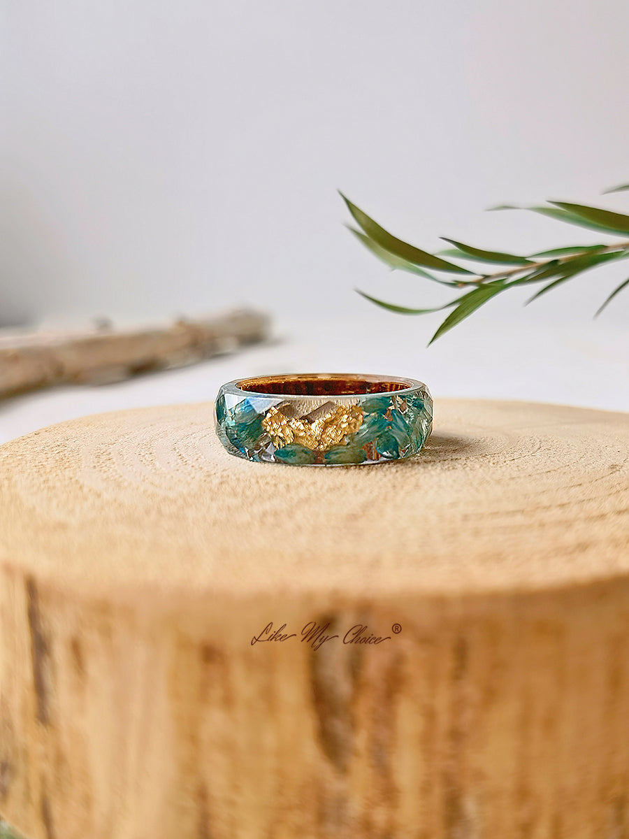 Handmade Dried Flower Inlaid Resin Ring-Gold foil blue