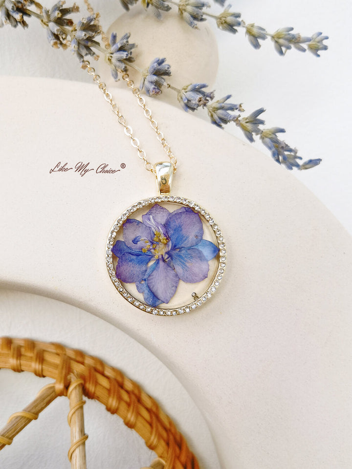 Violets Pressed Flower Resin Round Crystal Pendant  Necklace