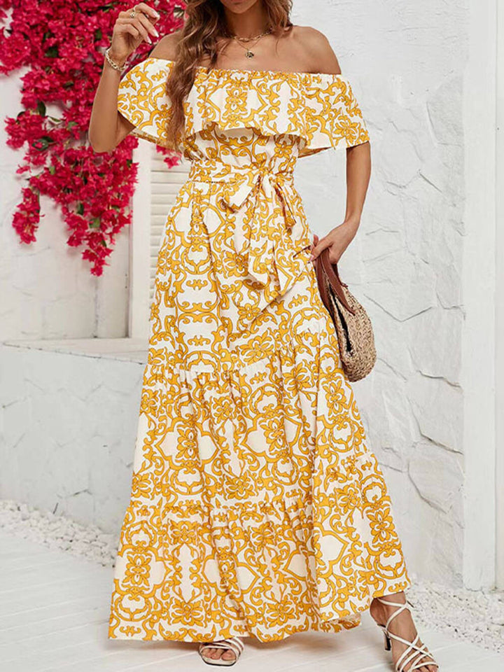 원 숄더 반소매 프린트 러플 맥시 드레스