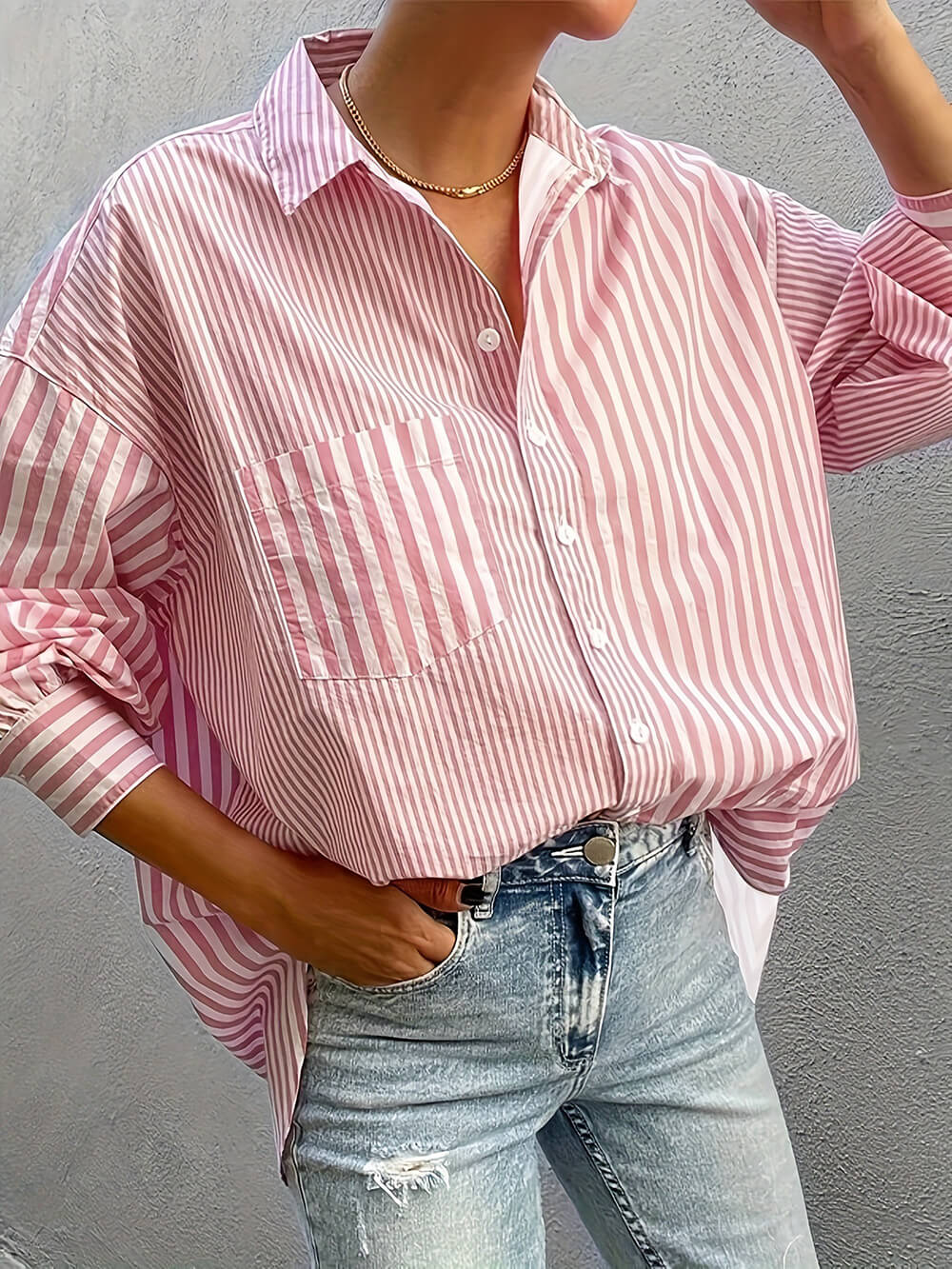 Casual loose Moud Stripe Print Elegant Turn-Down Collar Cardigan Shirt