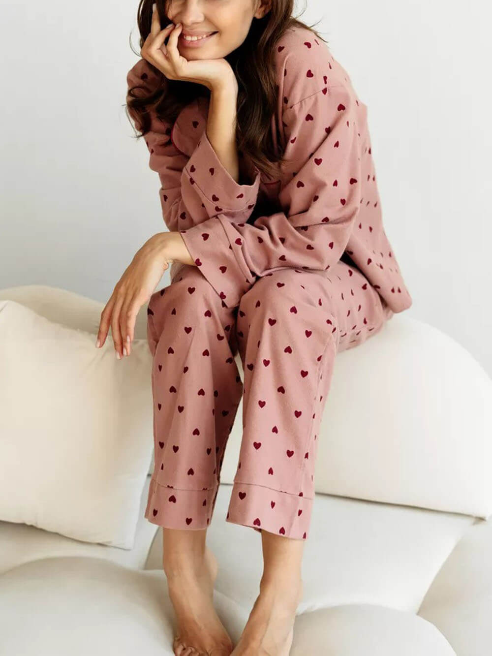 Heart Pattern Lapel French Pajama Set