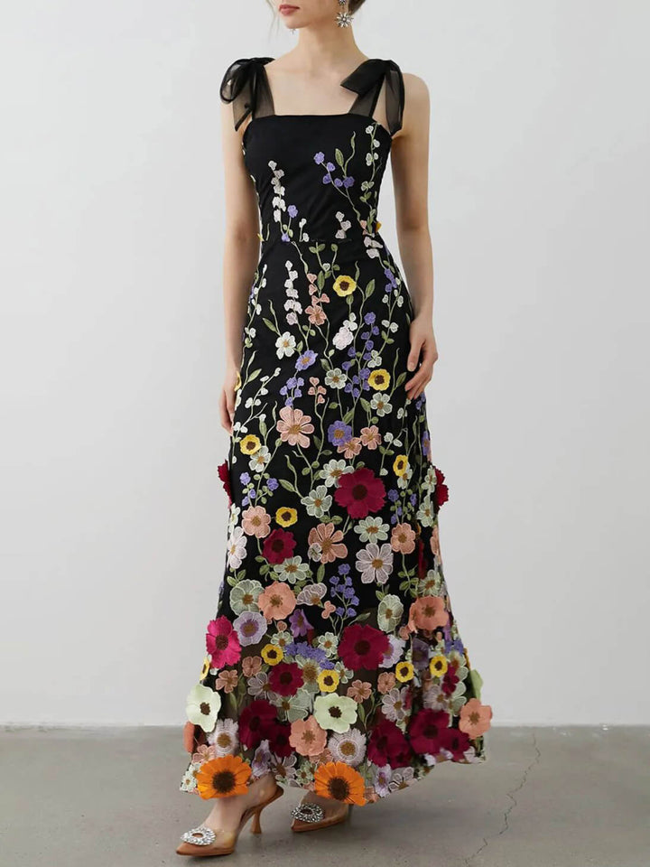 Exquisito vestido largo sexy con flores bordadas tridimensionales