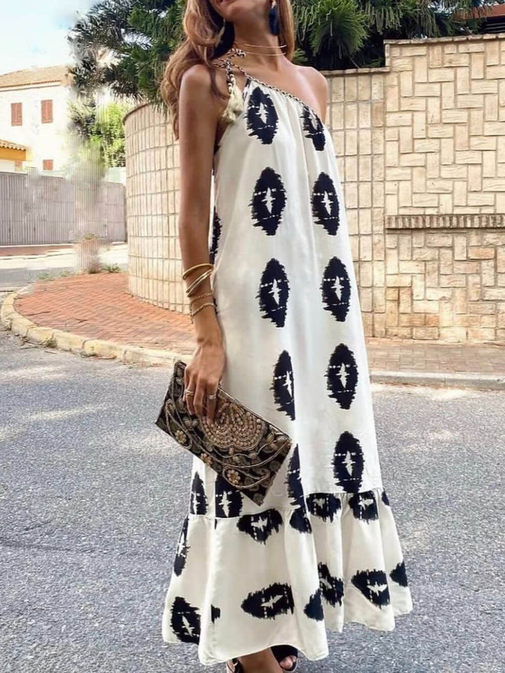 Sunshine Ethnic Print Volné Maxi šaty na jedno rameno