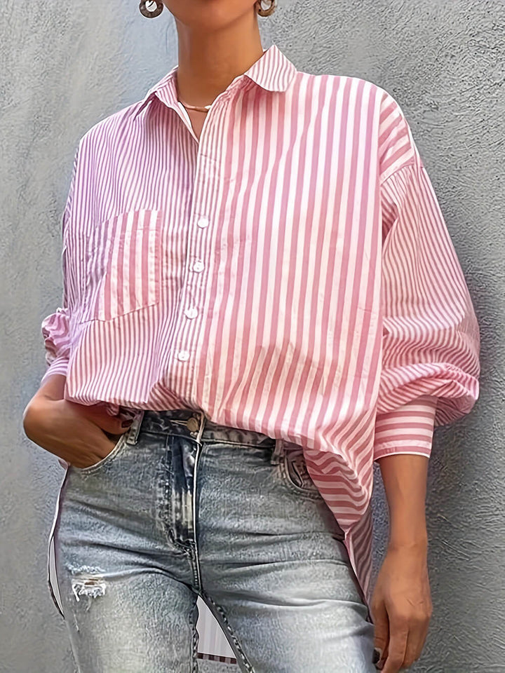 Casual Loose Fashion Stripe Print Elegant Turn-Down Collar Cardigan Shirt
