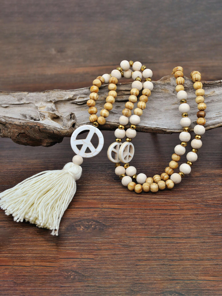 Ručně vyráběné dřevěné korálky střapec a dlouhý náhrdelník s přívěskem Peace Charm