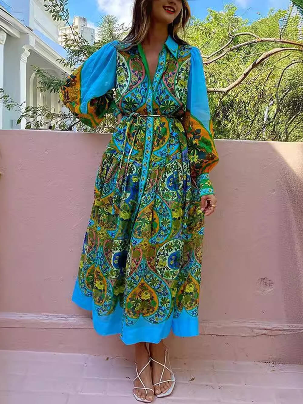 Vestido de manga comprida com estampa étnica Cardigan com laço e lapela