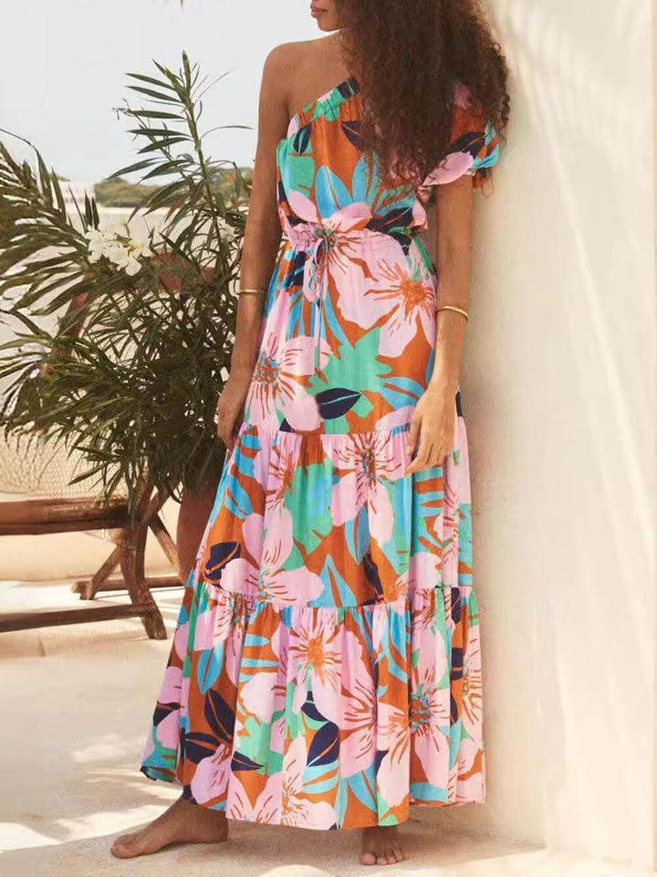 Vestido floral estilo férias com estampa de folha de palmeira sem ombros