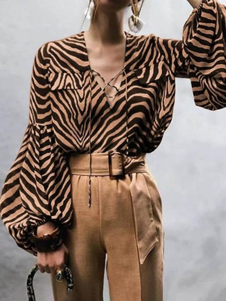 Zebra Print V-hals Tie Langermet skjorte