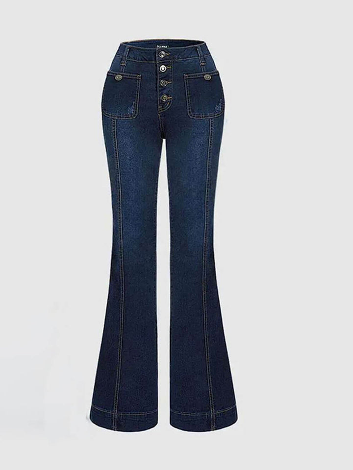 Snygga högmidjade patchwork utsvängda jeans