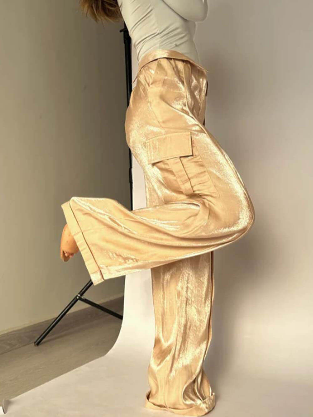 Golden Years Glitter Fabric Drawstring Waist Pocketed Wide Leg Pants