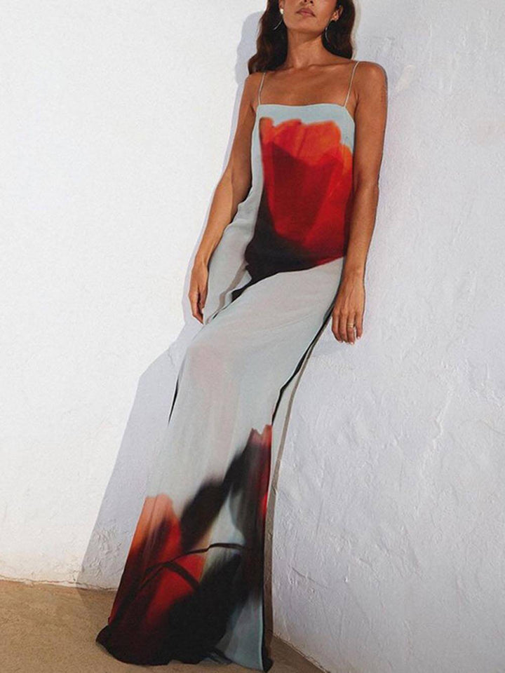 Wakacyjna sukienka maxi z abstrakcyjnym nadrukiem tulipana i dekoltem w kształcie litery H