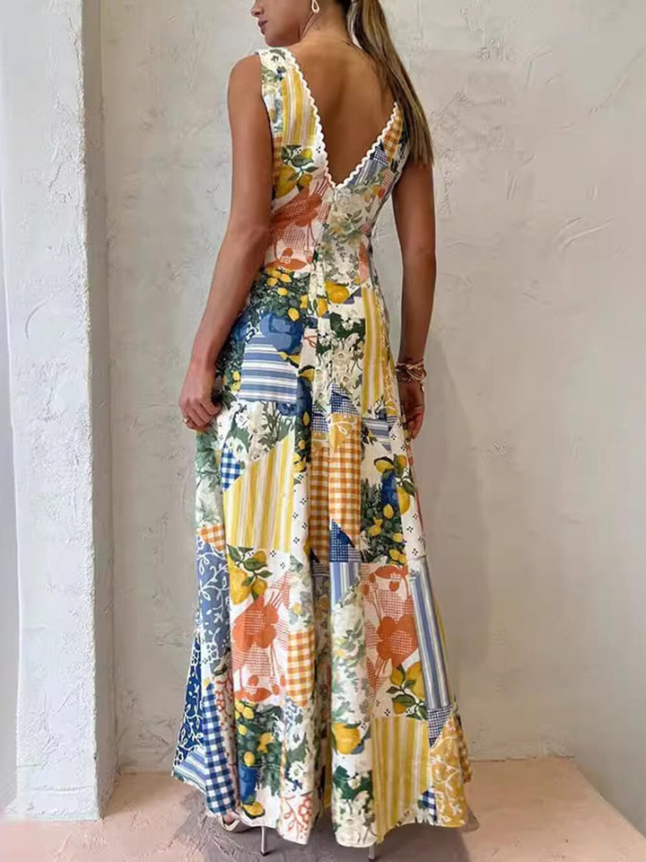 Lässiges, bedrucktes, ärmelloses Kleid mit großem V-Ausschnitt