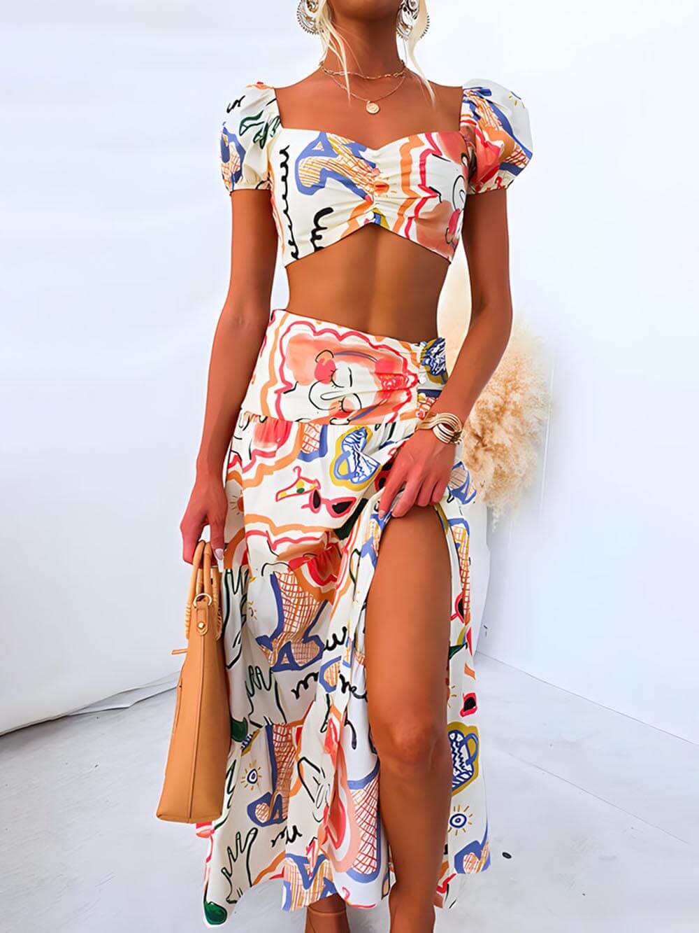 Letní tištěný top a zavinovací sukně dvoudílný oblek