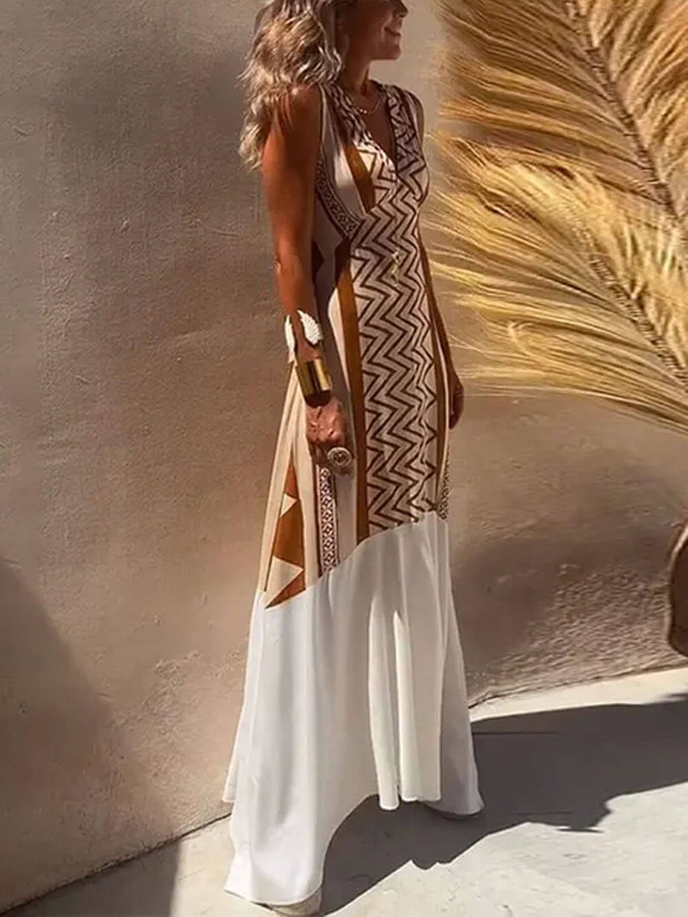 A-lijn maxi-jurk met etnische print en patchwork