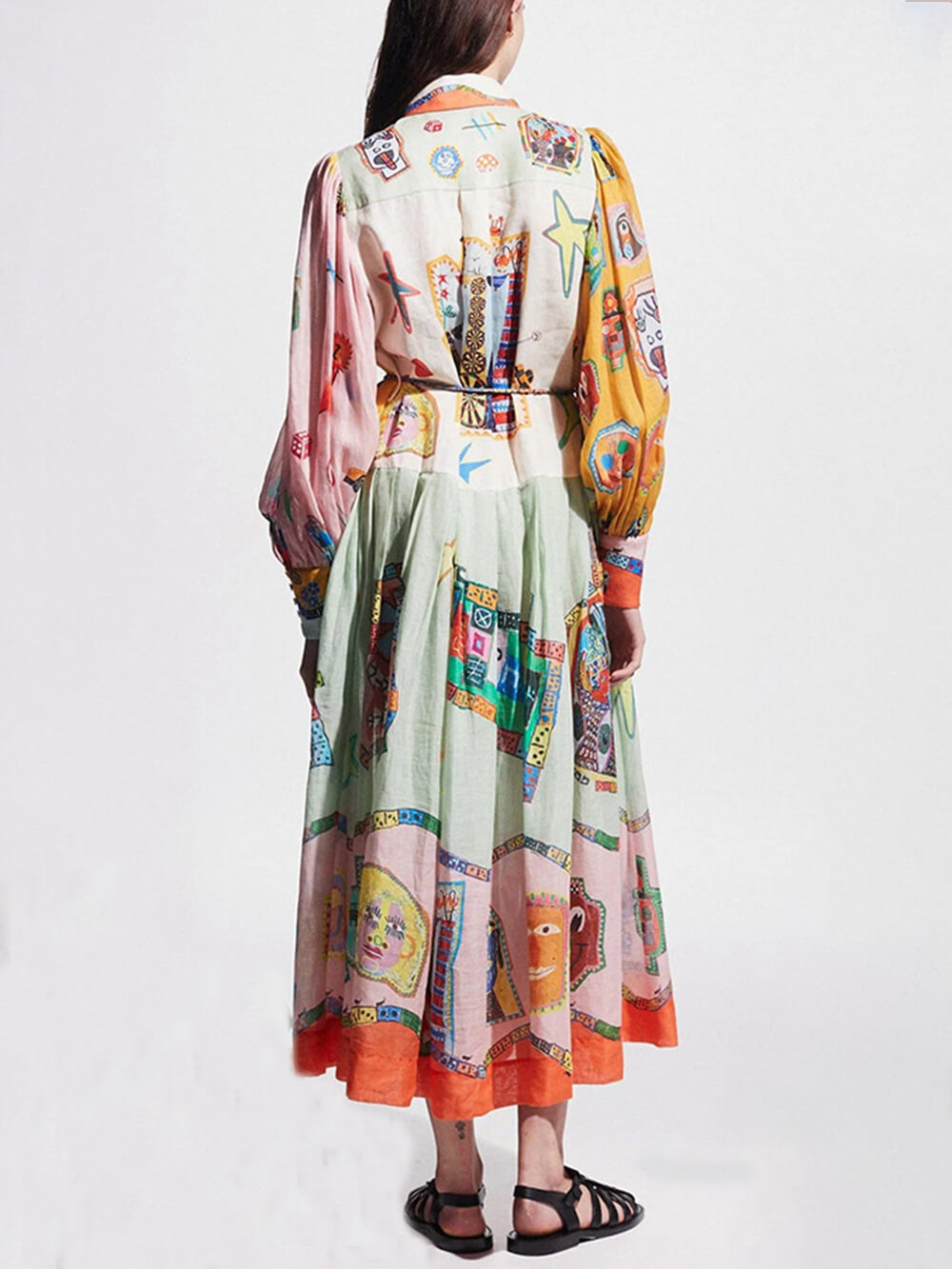 Μίντι φόρεμα πουκάμισο με μανίκια με μπαλόνι με μοναδική εκτύπωση Colorblock