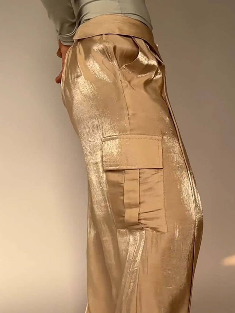 Golden Years Glitter Fabric kiristysnyörillä vyötäröllä taskulliset leveät housut