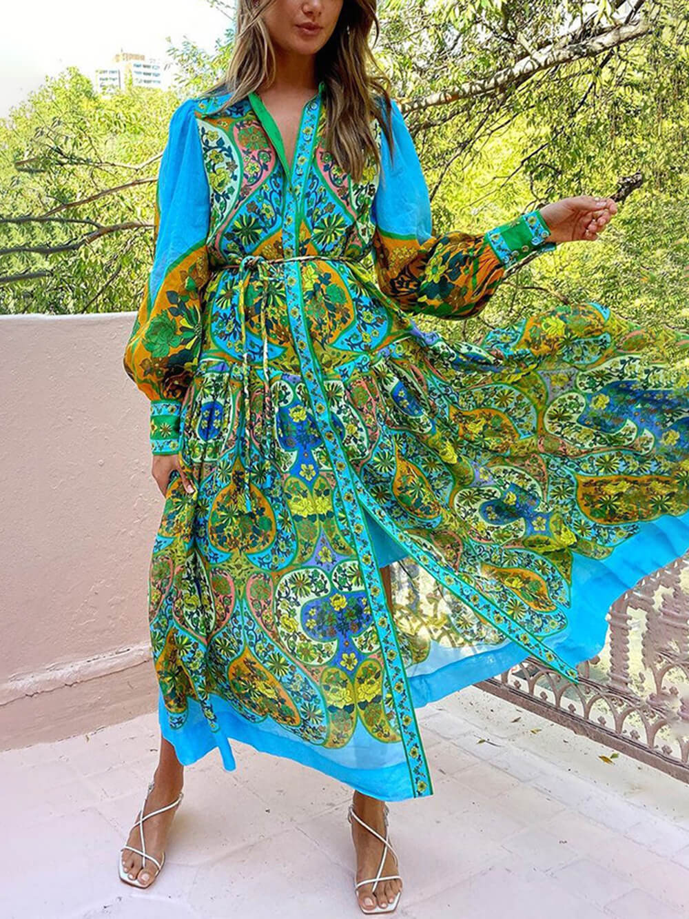Ethnic Print Cardigan Lace-Up Lapel Long-Sleeved Dress