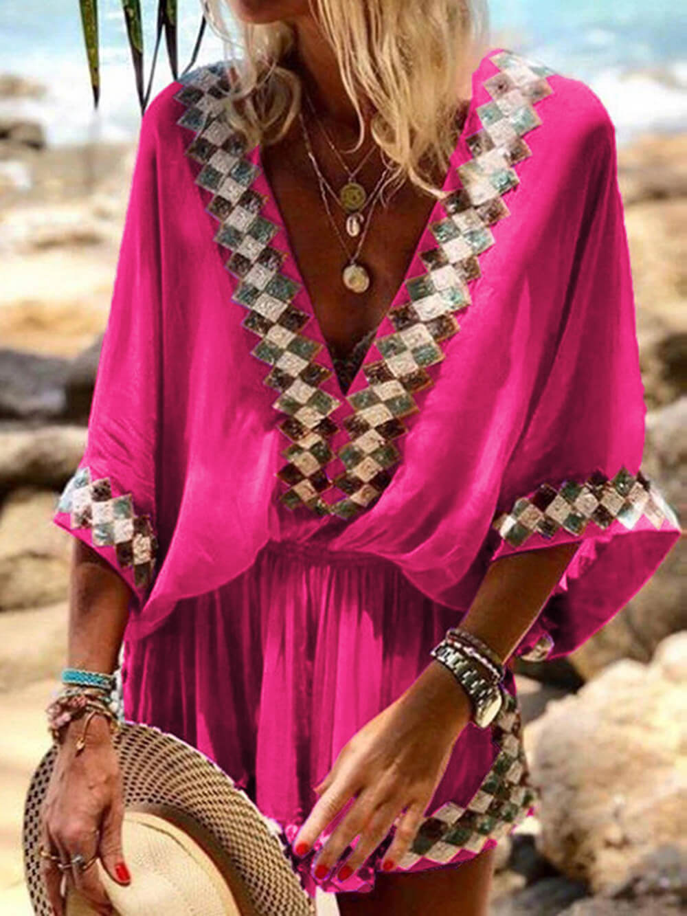 Mameluco tipo kimono con estampado de playa bohemia