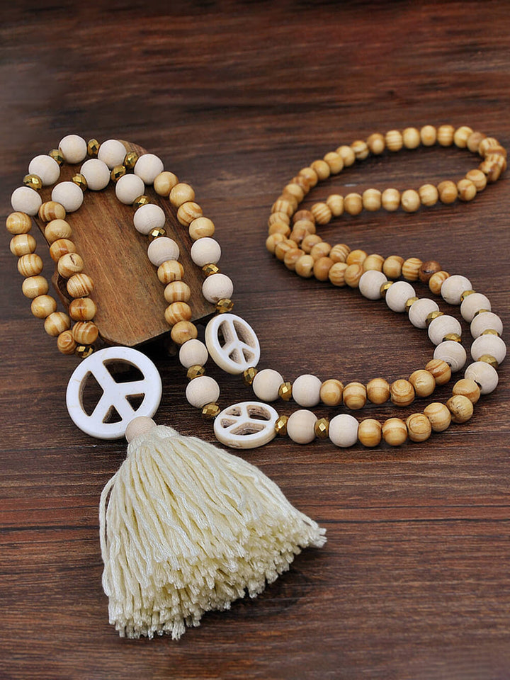 Ručně vyráběné dřevěné korálky střapec a dlouhý náhrdelník s přívěskem Peace Charm