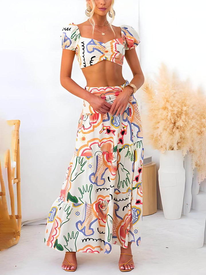 Letní tištěný top a zavinovací sukně dvoudílný oblek