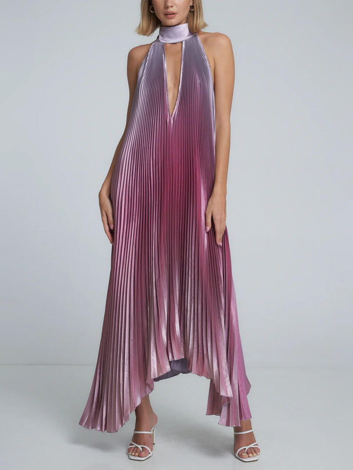 Stilig plissert Halterneck Strappy Backless Midi-kjole