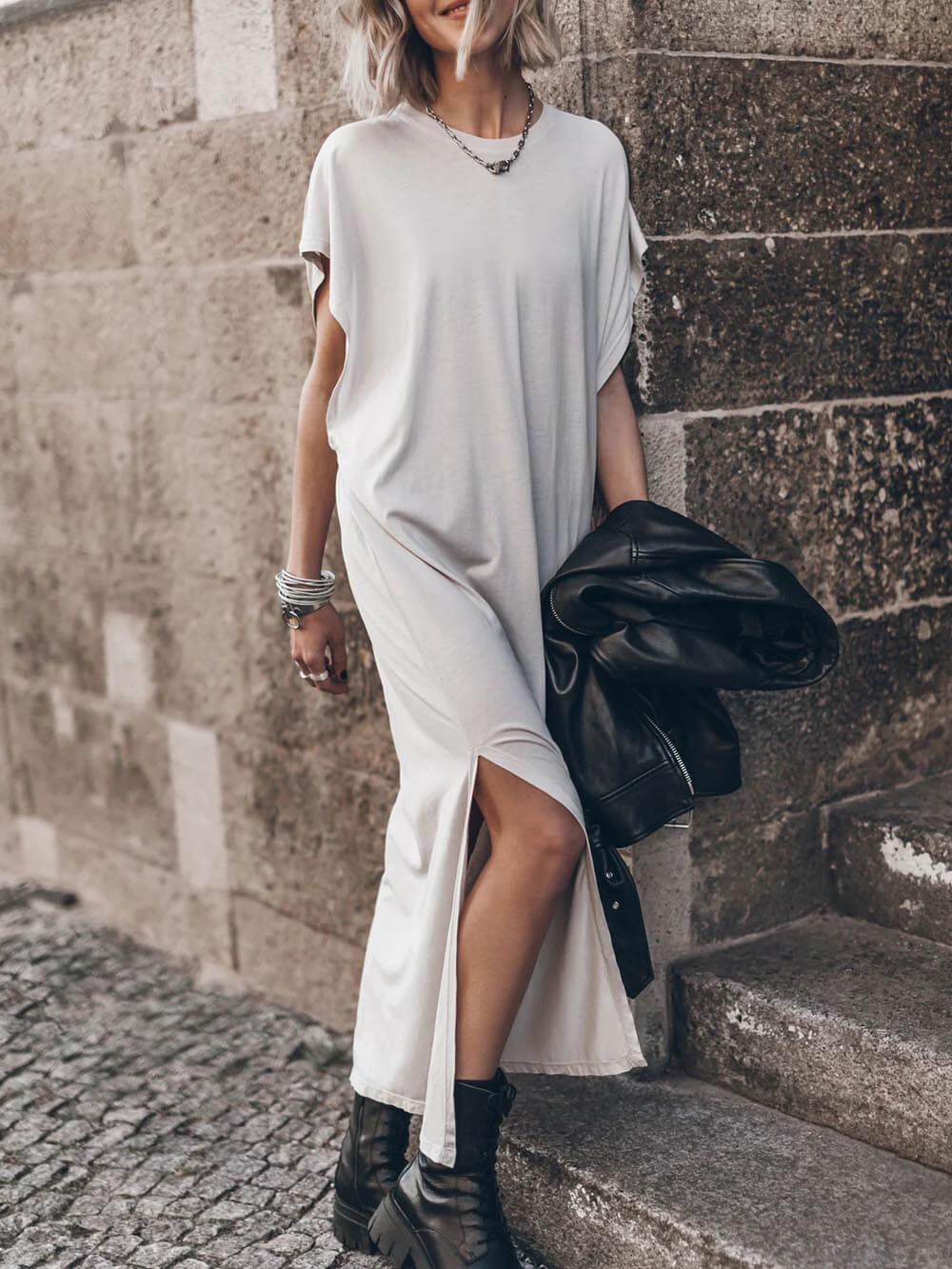 Effortless Open Sleeve Slit Oversized T-shirt Midi Dress
