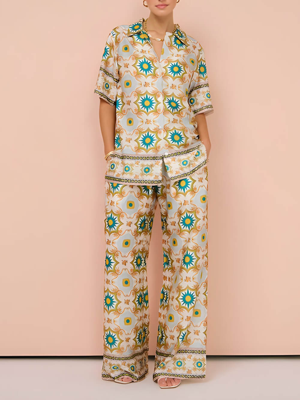 Ethnic Print Fashionable Casual Top And Wide-Leg Pants Two-Piece Suit