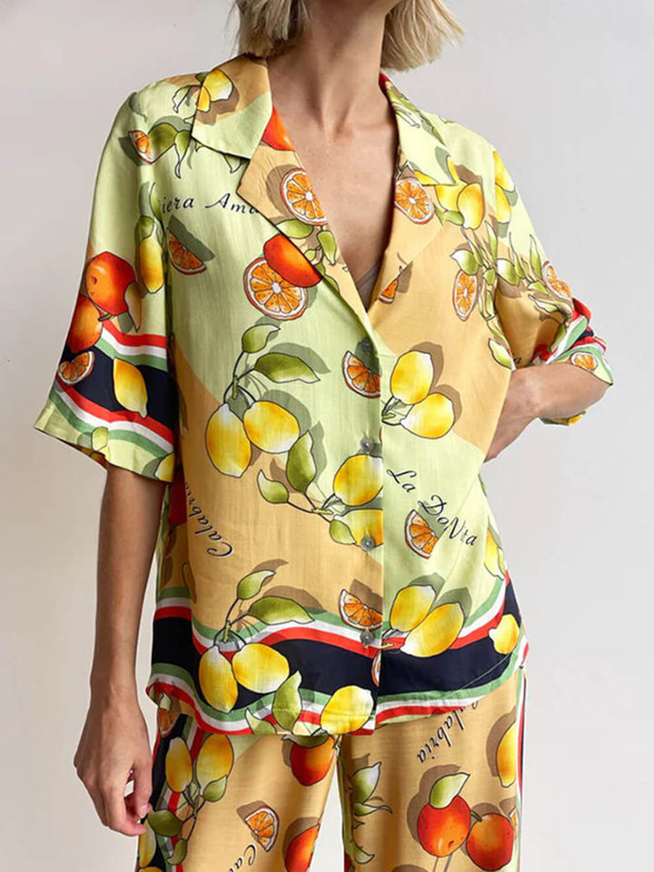 Camisa moderna de lapela com estampa de limão e cardigã de peito único