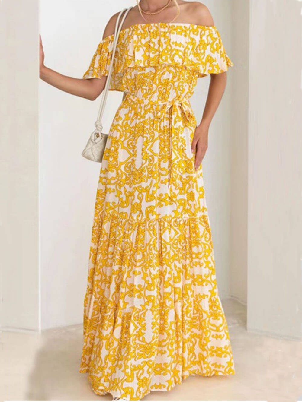 원 숄더 반소매 프린트 러플 맥시 드레스
