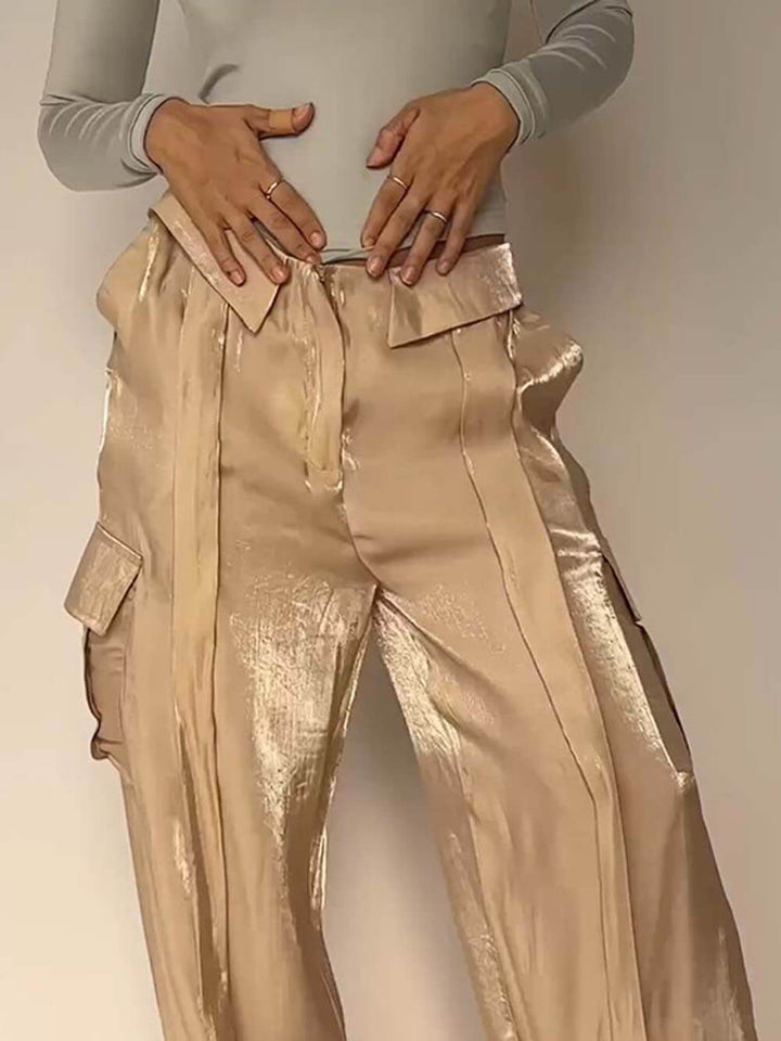 מכנסיים רגליים רחבים עם כיס מותניים מבד גליטר שנות הזהב