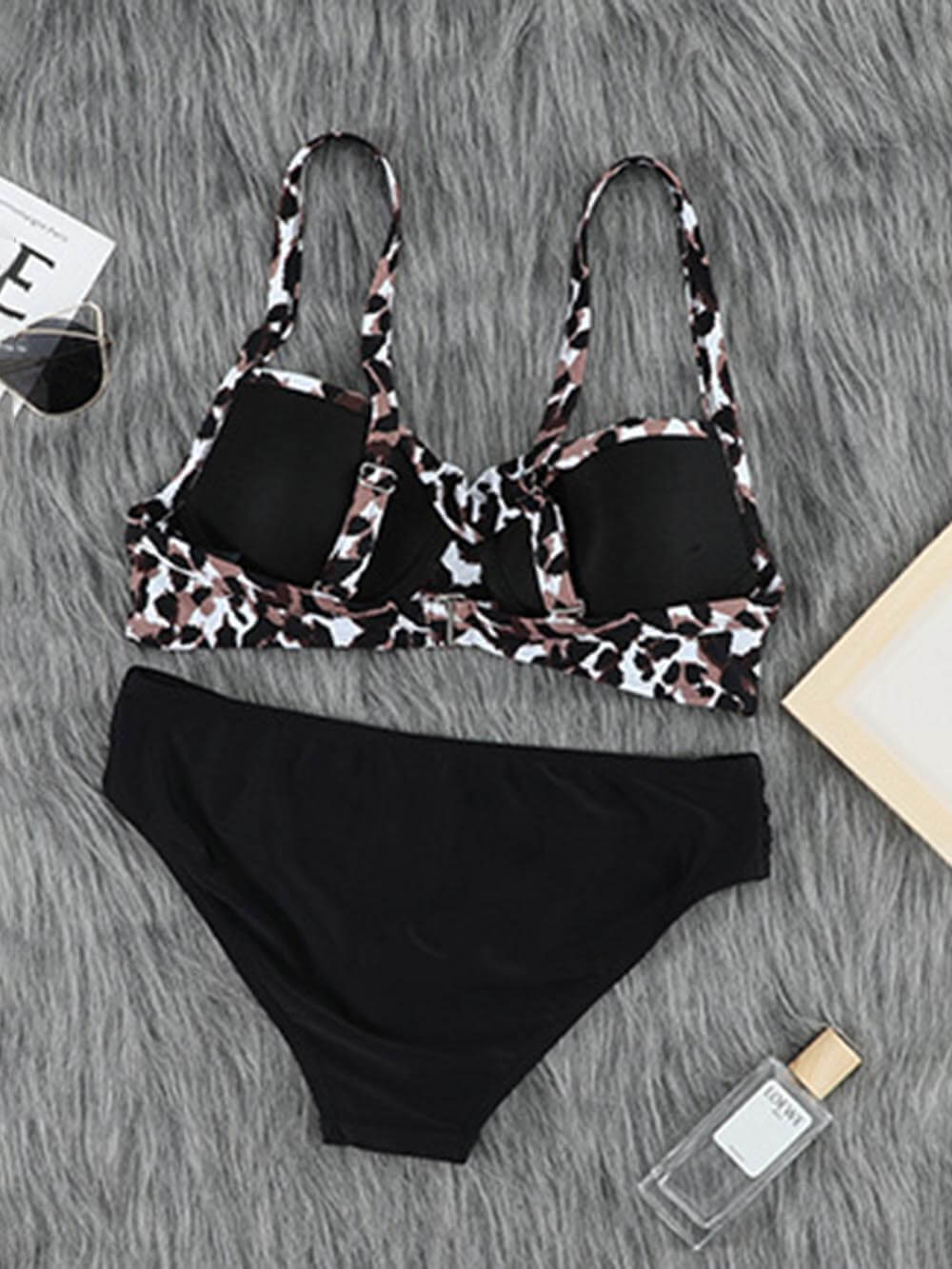 Push-up kleurrijke gestreepte bikini tweedelige set met luipaardprint