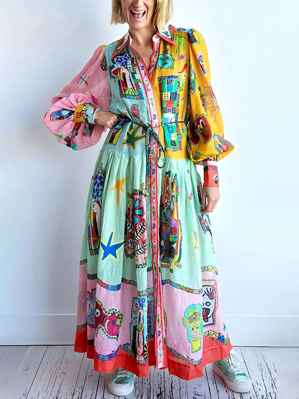 Unieke print colorblock ballonmouwen riemoverhemd midi-jurk