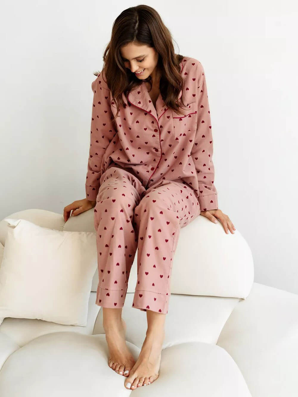 Hjärtmönster Lapel Fransk Pyjamas Set
