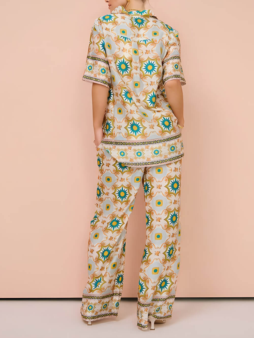 Ethnic Print Fashionable Casual Top And Wide-Leg Pants Two-Piece Suit