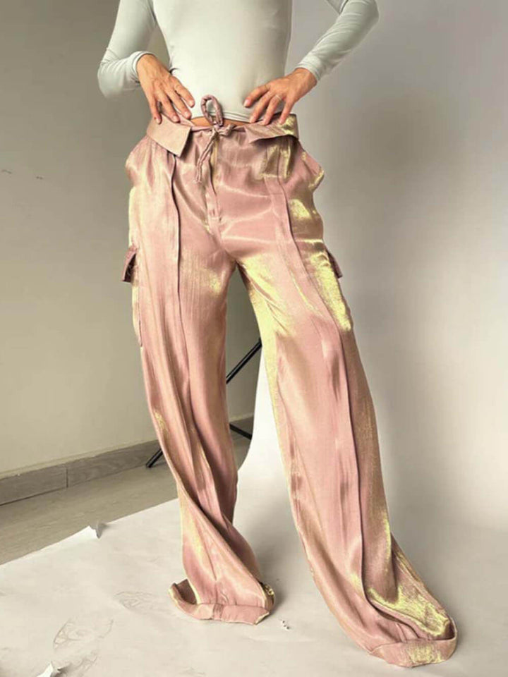 Golden Years Glitter Fabric Drawstring Waist Pocketed Wide Leg Pants